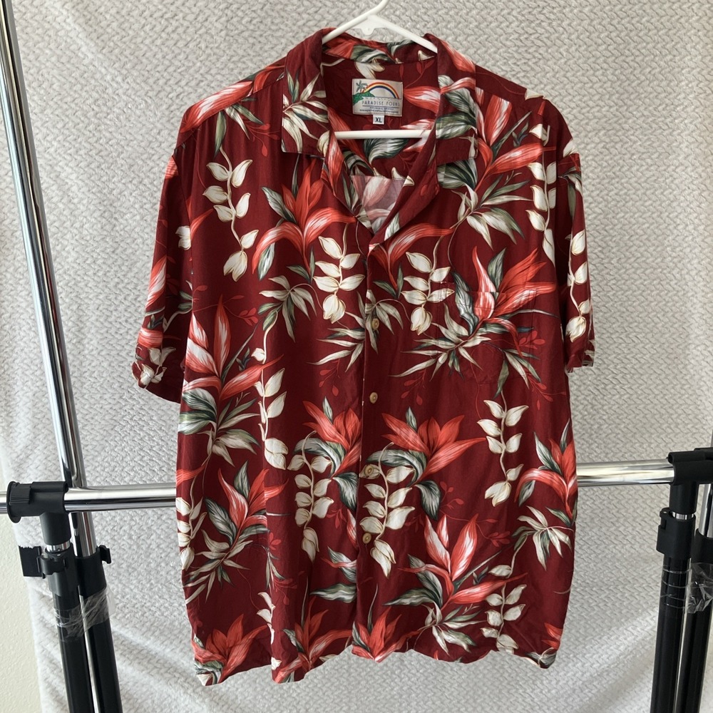 Paradise Found Shirt Men XL Red Floral Hawaiian Rayon Tropical Aloha Camp USA
